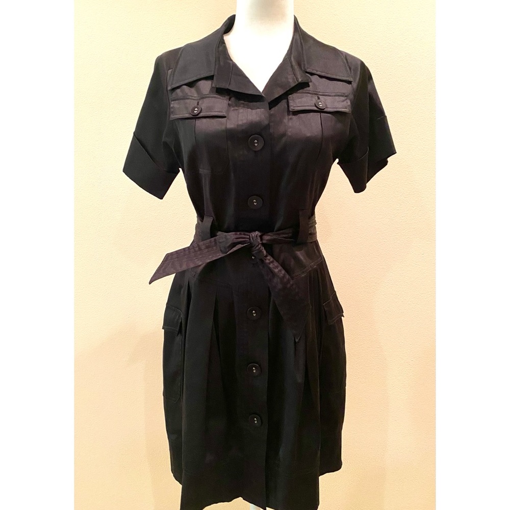 S/M black satin dress button up collar short sleeves tie belt fit flare
